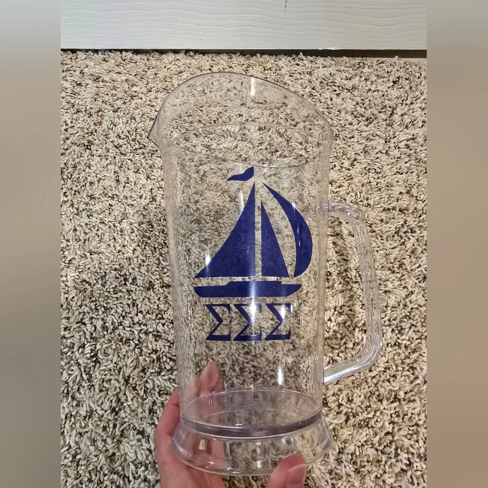 Clear Pitcher Set with Sigma Sigma Sigma Sailboat Design Tri-Sigma Sorority - Picture 2 of 11